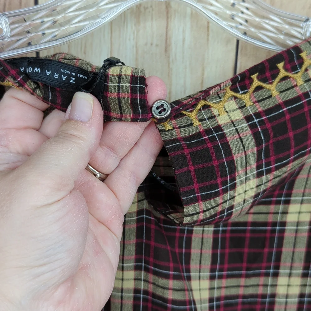 ZARA NWOT Brown Plaid Mini Dress With Pom Poms - Picture 10 of 10